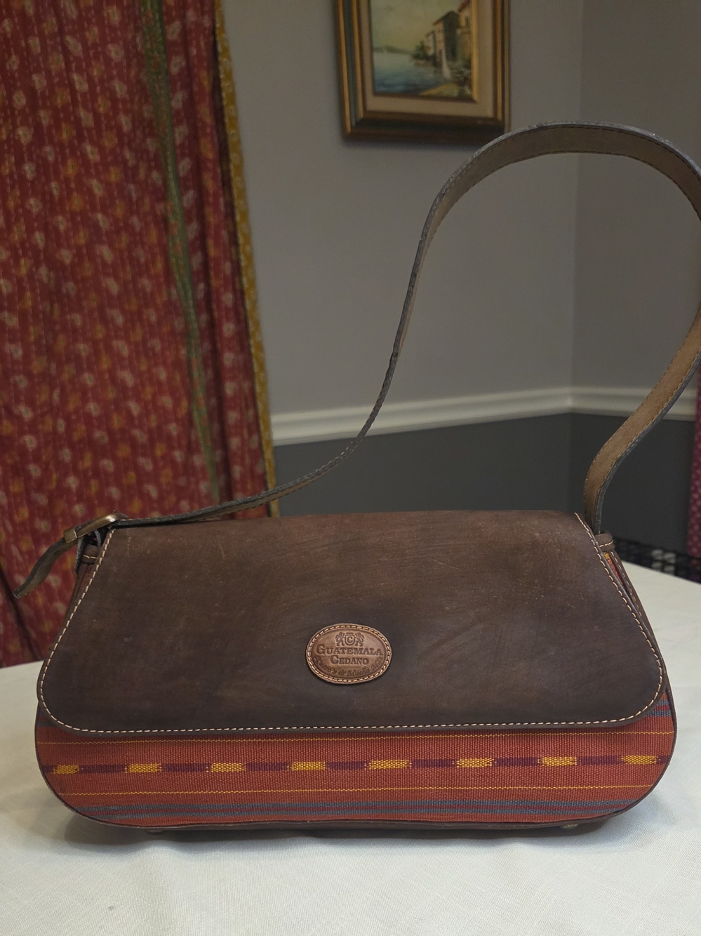 Brown Suede & Woven Fabric Shoulder Bag